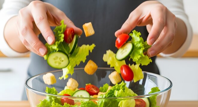 Fresh Garden Salad Being Tossed by Hand in Glass Bowl During Healthy Meal Preparation