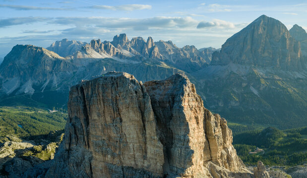 Panoramic Sunset over Dolomite Mountain Peaks in Summer
