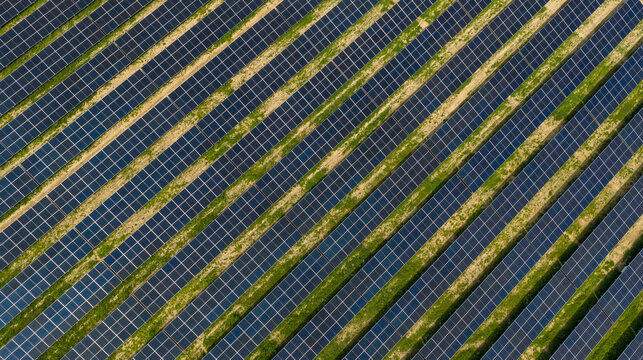 Solar Power Plant Aerial Flyover with Renewable Energy Panels