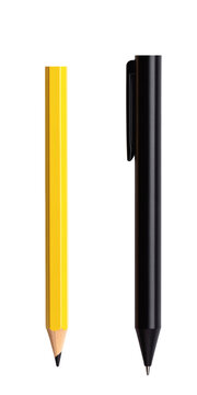 Close up of a bright yellow sharpened wooden pencil positioned next to a sleek modern black stylus or digital pen tool&nbsp;&nbsp;
