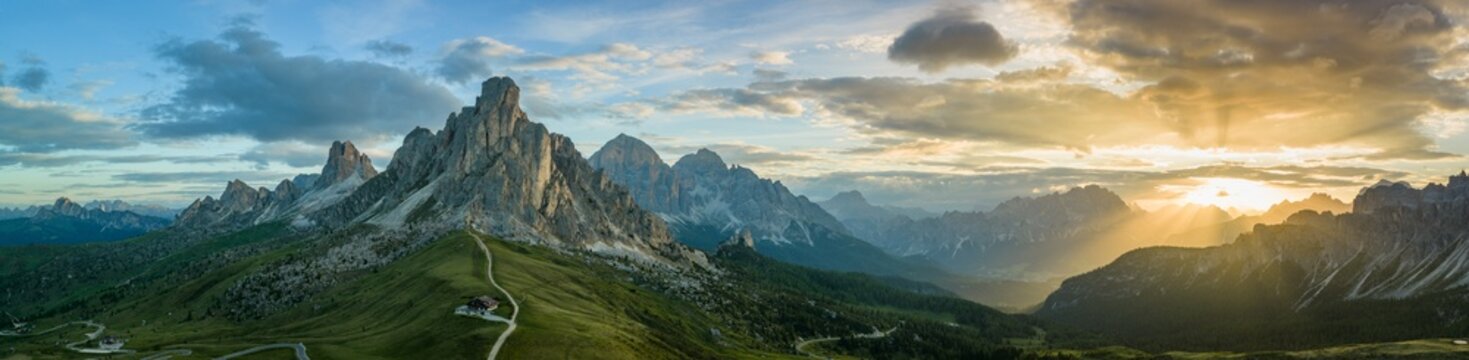 Panoramic Sunset View of Ra Gusela Massif at Passo Giau, Dolomites