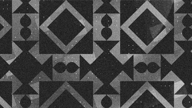 Geometric monochrome grid patterns alternating light dark squares triangles circles diamond shapes texture, textured background 4k.