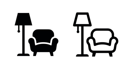 Fototapeta premium Armchair and floor lamp icons in solid fill and outline styles