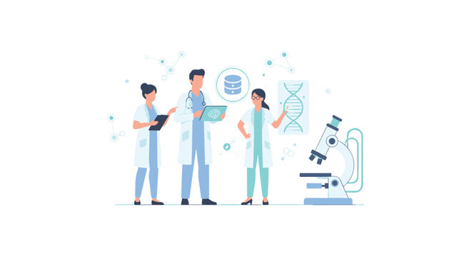 Medical professionals in lab coats using digital tablet and microscope for data analysis research experiments in modern scientific laboratory setting.