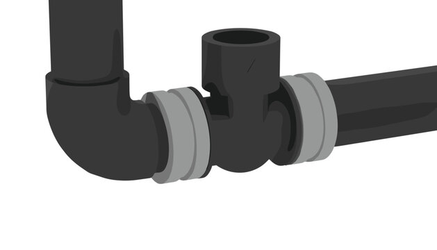 Industrial black plastic pipe connection with coupling fittings representing plumbing infrastructure maintenance and water distribution systems repair.