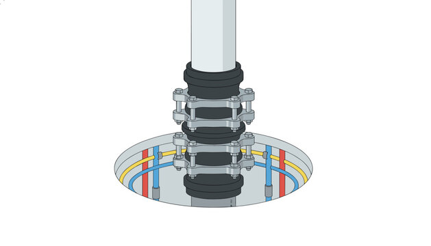 Heavy duty industrial pipe connection fitted into concrete floor with internal utility lines visible beneath representing infrastructure construction.