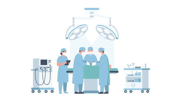 Dedicated medical surgical team performing operation on patient in well-equipped hospital operating room with bright overhead surgical lights.