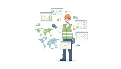 Naklejka premium Logistician professional examining global shipping routes and data performance metrics displayed on digital interface screens.