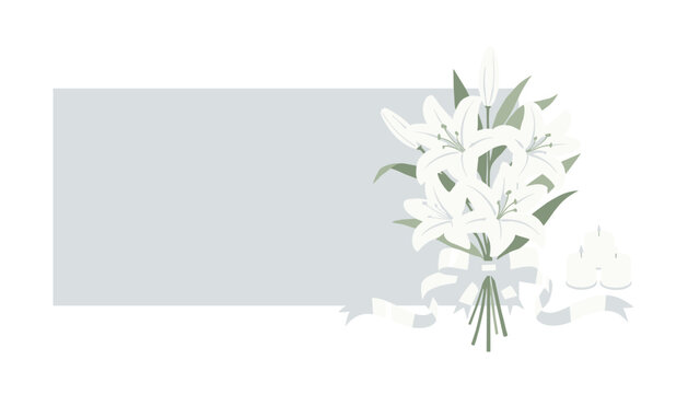 Funeral sympathy flower arrangement with white lilies and candles on a grey background for memorial cards or condolence announcements.