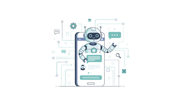 Friendly artificial intelligence robot interacting with digital chat messages on a modern smartphone interface for automated customer support.