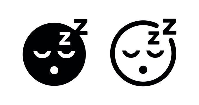 Sleeping face emoji or sleep symbol icon set. Rest and relaxation sign in solid and outline style.