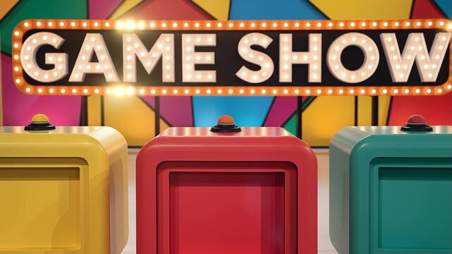 Game show podiums stage marquee lights colorful contest prize video