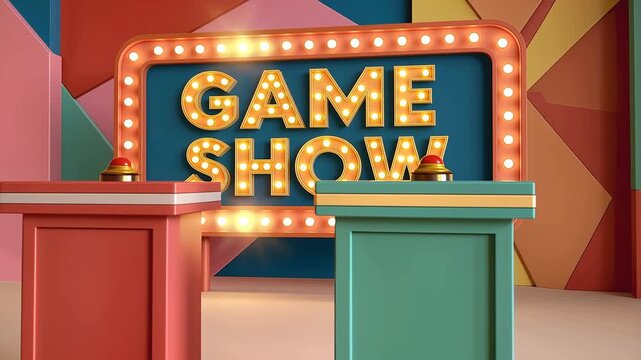Game show podium stage marquee lights colorful contest studio video