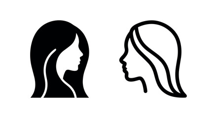 Female profile face icon with long hair in solid and outline styles. Woman's head silhouette. © liubomir118809