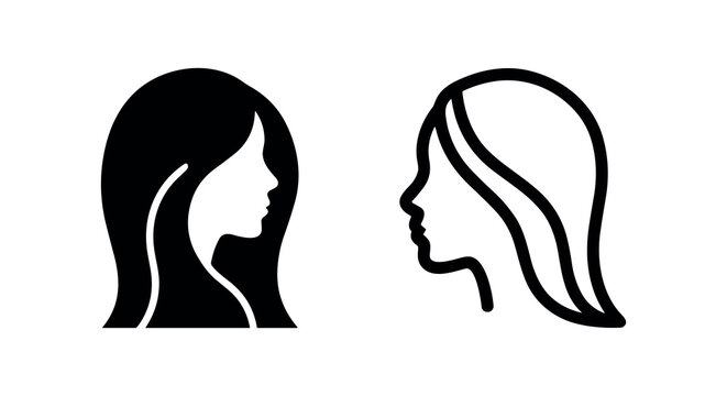 Female profile face icon with long hair in solid and outline styles. Woman's head silhouette.