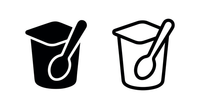 Yogurt cup with spoon icon set. Dairy product or dessert symbol in outline and solid styles.