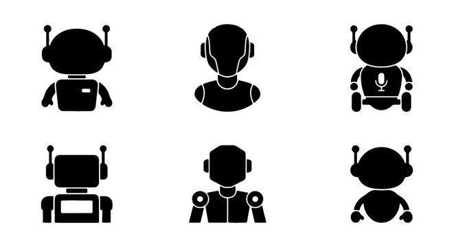 Cute Robot Icons Set, Futuristic Android Avatars, AI Character Collection, Simple Black Silhouettes