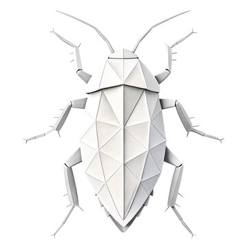 Minimalist low-poly 3D render of a white geometric cockroach.