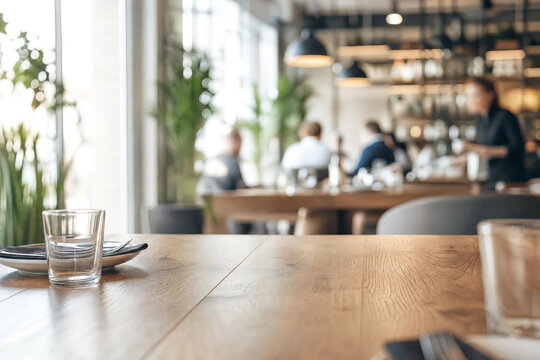 Contemporary Cafe Dining Faded Restaurant Tabletop With Blurred Dining Room Background With Wood Tones And Greenery