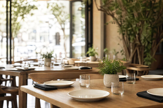 Empty Wooden Restaurant Table Setting No Food With Soft Faded Background Photographed In Bright Commercial With Layered Restaurant Depth