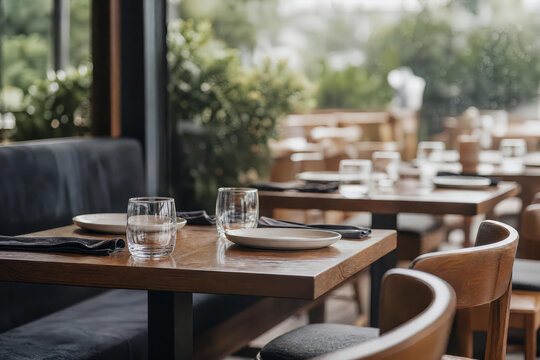 Side Angle Restaurant Patio Table No Food With Glassware And Greenery Photographed In Bright Commercial With Layered Restaurant Depth