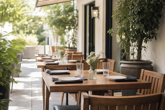 Faded Outdoor Restaurant Patio With Wooden Tables And No Food With Greenery Photographed In Bright Commercial With Layered Restaurant Depth