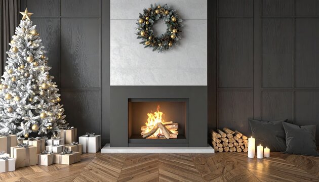 Cozy Christmas Scene Fireplace, Decorated Tree, Gifts, Wreath, Candles
