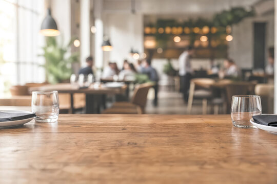 Contemporary Cafe Dining Faded Restaurant Tabletop With Blurred Dining Room Background With Wood Tones And Greenery