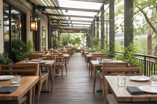 Wide Outdoor Restaurant Table Rows With Soft Faded Daylight With Layered Restaurant Depth And Contemporary Cafe Dining