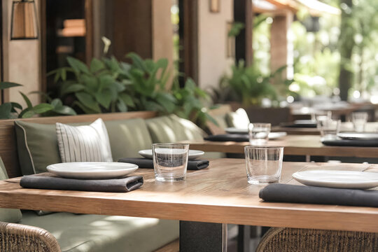 Side Angle Restaurant Patio Table No Food With Glassware And Greenery Photographed In Bright Commercial With Layered Restaurant Depth