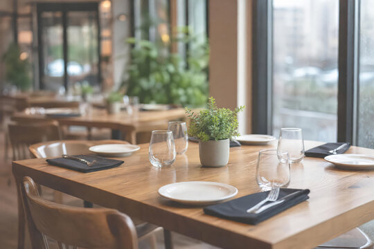 Empty Wooden Restaurant Table Setting No Food With Soft Faded Background With Layered Restaurant Depth And Contemporary Cafe Dining