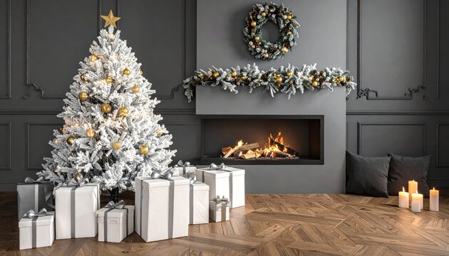Elegant White Christmas Tree with Gifts by Fireplace and Festive Mantel
