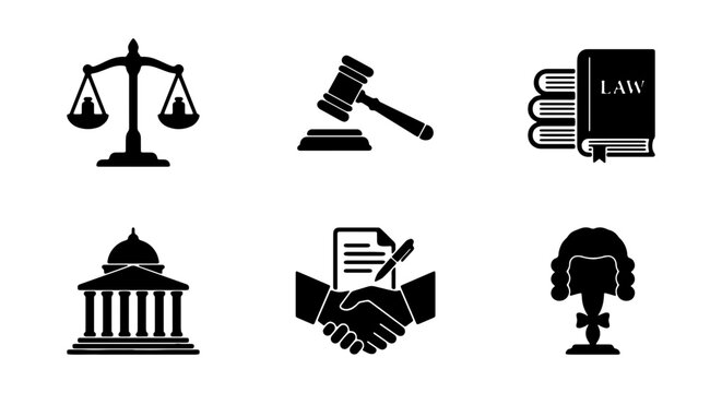Justice Icons Set: Scales, Gavel, Law Books, Courthouse, Handshake, Wig