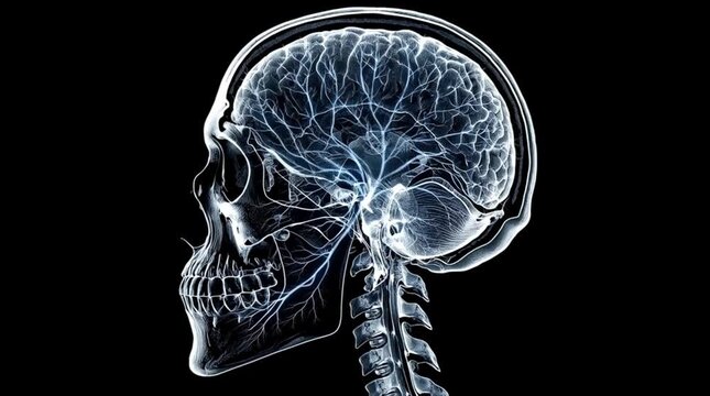 MRI scan of a human skull captures the intricate intricacies of the bony structure, created with generative ai