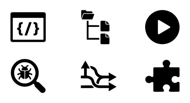 Coding, Debugging, File Management, Play Button, Workflow Icons Set: Vector Graphics