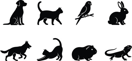 Obraz premium Animal Silhouette Collection Featuring Dog Cat Bird Rabbit and Wildlife Icons