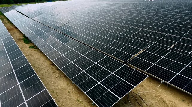 Solar Power Plant Aerial Flyover with Renewable Energy Panels