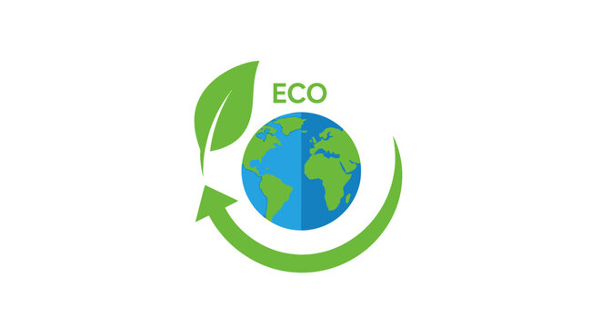 A green leaf icon circles a blue globe for environmental awareness
