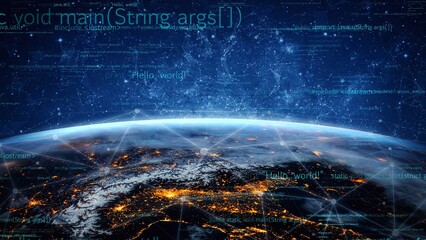 Fototapeta premium Awe-inspiring view of Earth atmosphere enhanced with digital programming elements and cosmic visuals, conveying a blend of technology and space exploration. Xenic