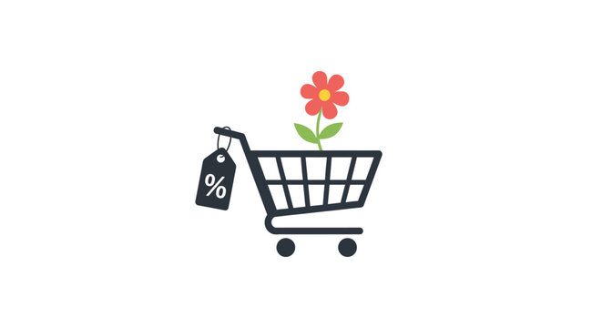 A shopping cart icon features a red flower and discount tag
