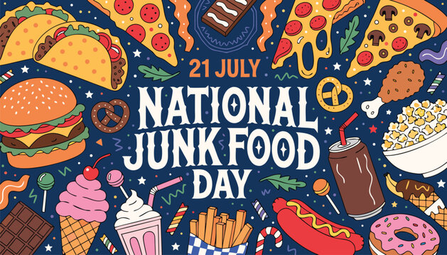 Colorful hand drawn illustration celebrating national junk food day event theme