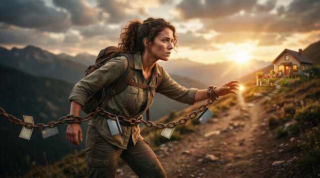 Woman hiker bound by heavy iron chain with credit cards reaching for a house on a mountain. Financial burden and debt bondage concept. Home loan struggle and mortgage crisis imagery.