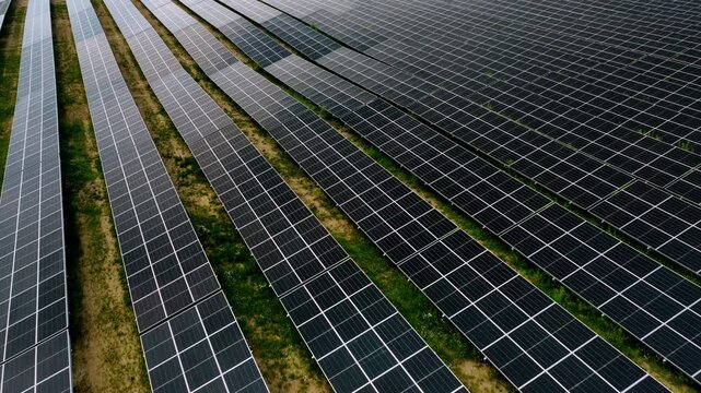 Solar Power Plant Aerial Flyover with Renewable Energy Panels