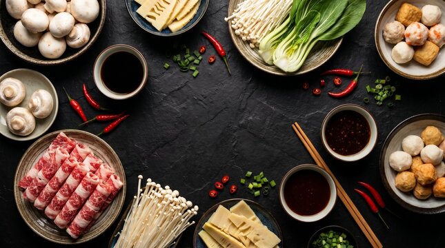 Top View of Authentic Hotpot Ingredients Featuring Raw Beef, Enoki Mushrooms, Fish Balls, Fresh Vegetables and Chopsticks in Moody Food Photography