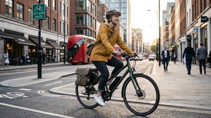 Fototapeta premium Young Woman Commuting by Bicycle in Modern City Street