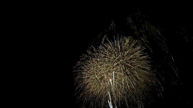 打ち上げ花火の締めくくりで絶頂のシーン。
The grand finale of a fireworks display, capturing the spectacular climax as brilliant fireworks explode across the night sky.