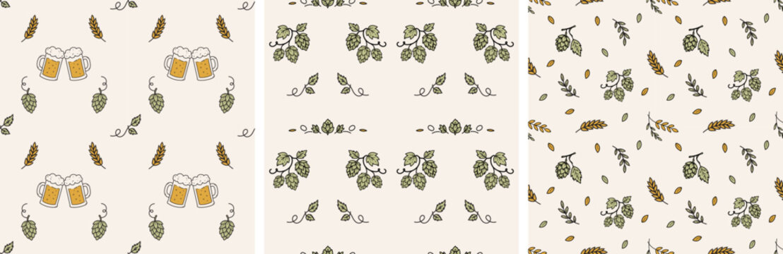 Oktoberfest Seamless Pattern Set with Beer Mugs, Hops, Wheat and Bavarian Festival Doodle Backgrounds Hand Drawn Vector Collection