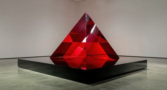 Large red crystal pyramid sculpture on pedestal for modern luxury gallery display.

