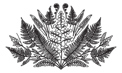 Vintage fern leaf botanical illustration, hand drawn black and white forest foliage vector, antique garden plant sketch for wedding invitations © Rehman