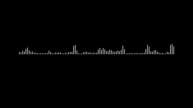 Minimalist white audio spectrum animation, sound wave visualizer, music frequency waveform equalizer, digital voice signal motion on black background video, 4k loop footage.